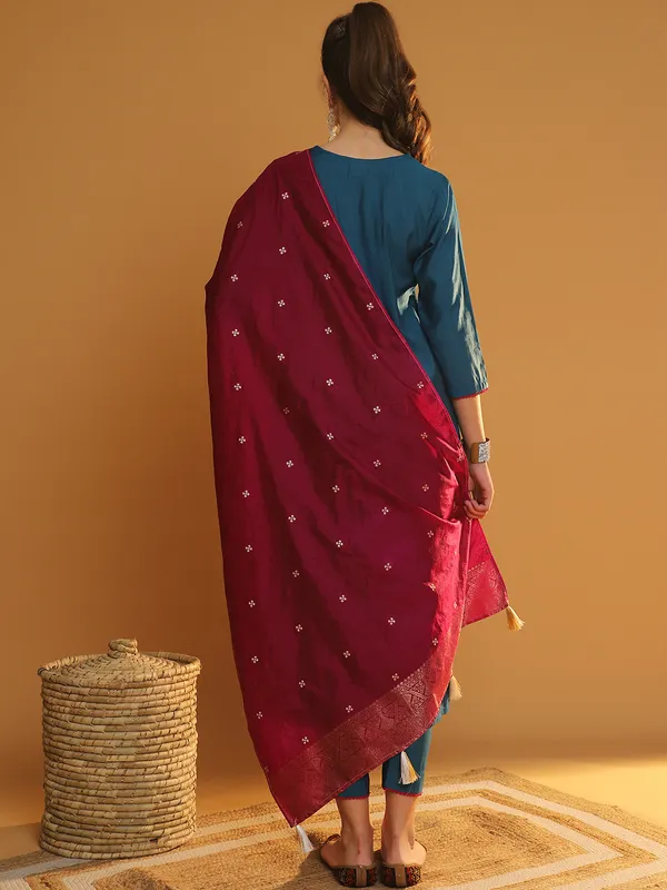 Teal_Premium_Chanderi_Three_Fourth_Sleeves_Kurta_Set_For_Women