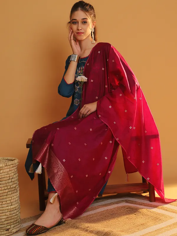 Teal_Premium_Chanderi_Three_Fourth_Sleeves_Kurta_Set_For_Women
