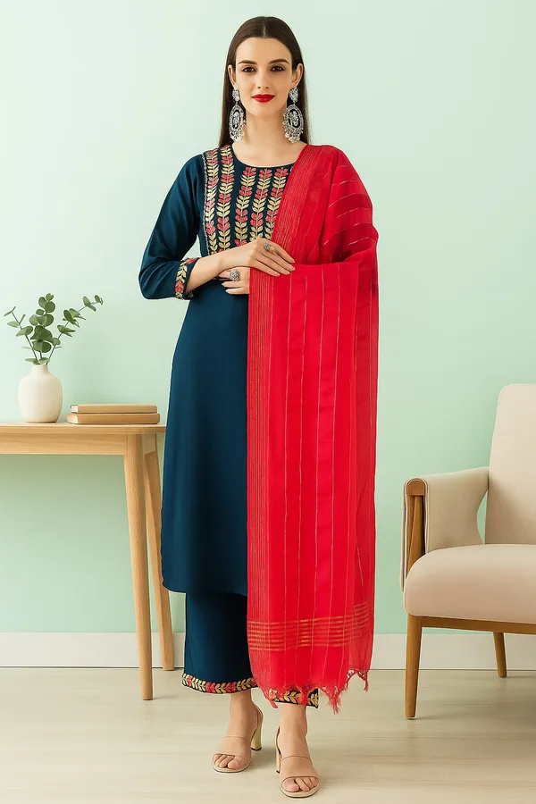 Blue_Premium_Viscose_Rayon_Three_Fourth_Sleeves_Kurta_Set_For_Women
