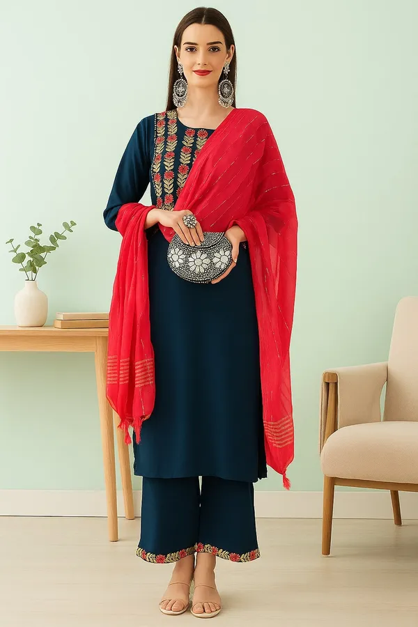 Blue_Premium_Viscose_Rayon_Three_Fourth_Sleeves_Kurta_Set_For_Women