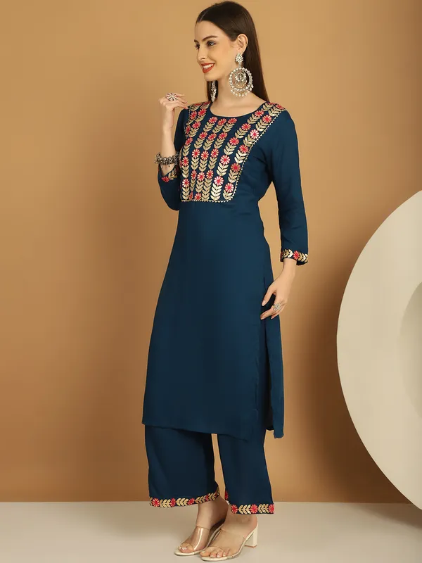 Blue_Premium_Viscose_Rayon_Three_Fourth_Sleeves_Kurta_Set_For_Women