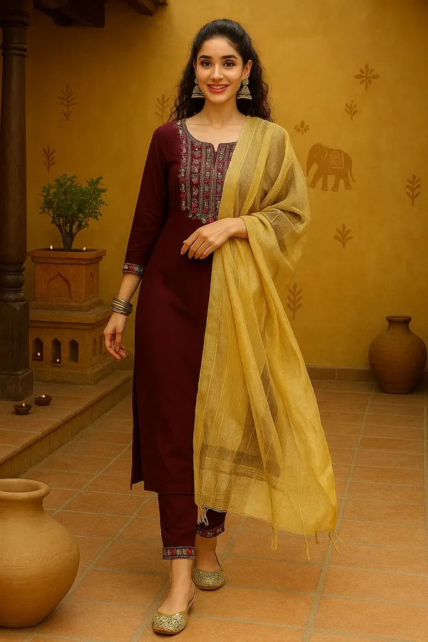 Burgundy_Premium_Viscose_Rayon_Three_Fourth_Sleeves_Kurta_Set_For_Women