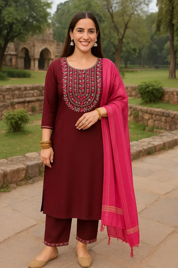 Burgundy_Premium_Viscose_Rayon_Three_Fourth_Sleeves_Kurta_Set_For_Women