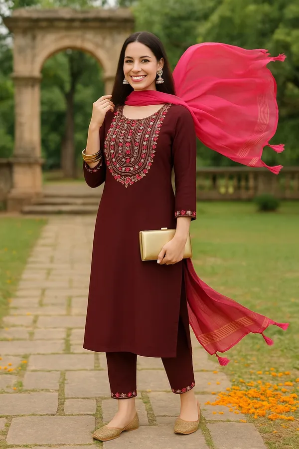 Burgundy_Premium_Viscose_Rayon_Three_Fourth_Sleeves_Kurta_Set_For_Women