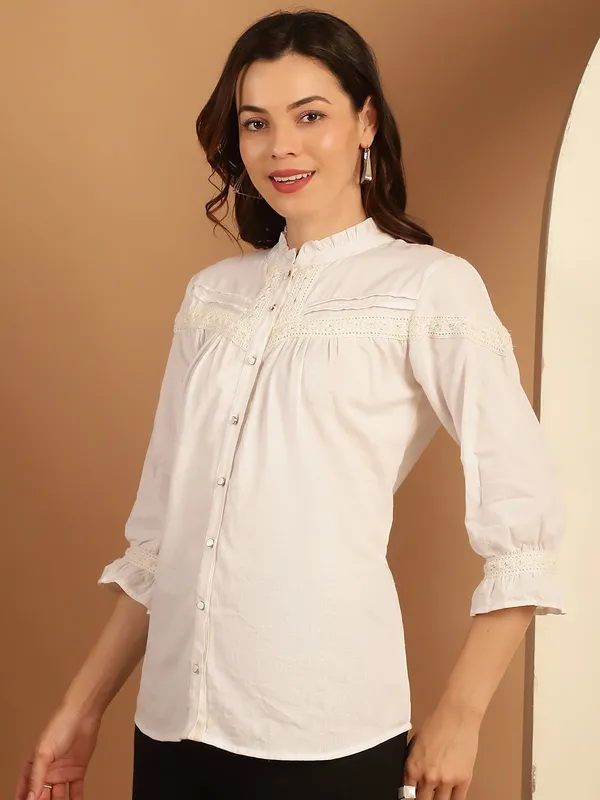 White_Premium_Cotton_Three_Fourth_Sleeves_Shirt_For_Women