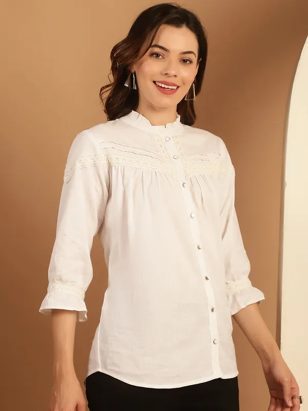 White_Premium_Cotton_Three_Fourth_Sleeves_Shirt_For_Women