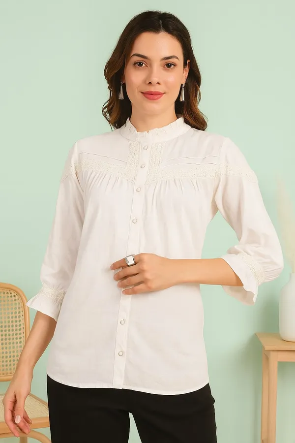White_Premium_Cotton_Three_Fourth_Sleeves_Shirt_For_Women