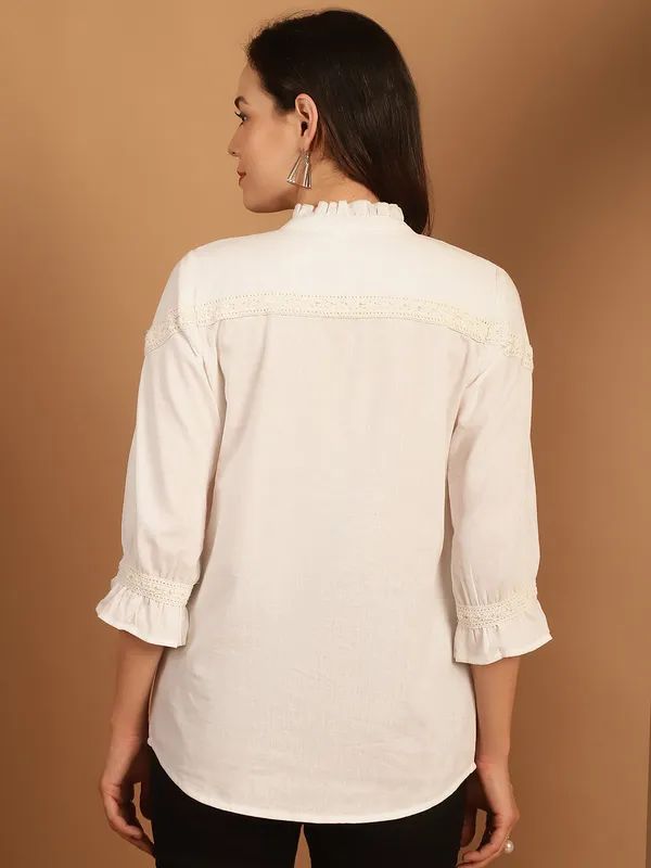White_Premium_Cotton_Three_Fourth_Sleeves_Shirt_For_Women
