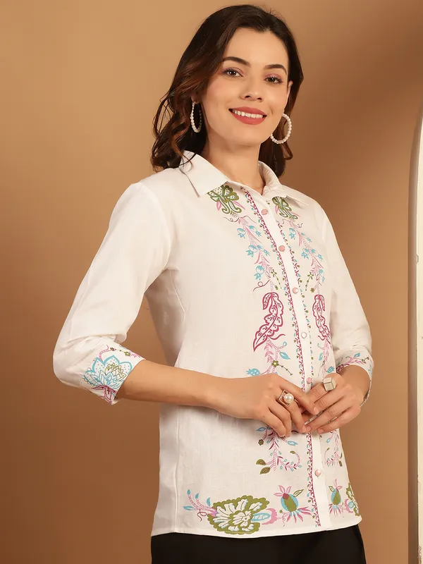 White_Premium_Cotton_Three_Fourth_Sleeves_Shirt_For_Women