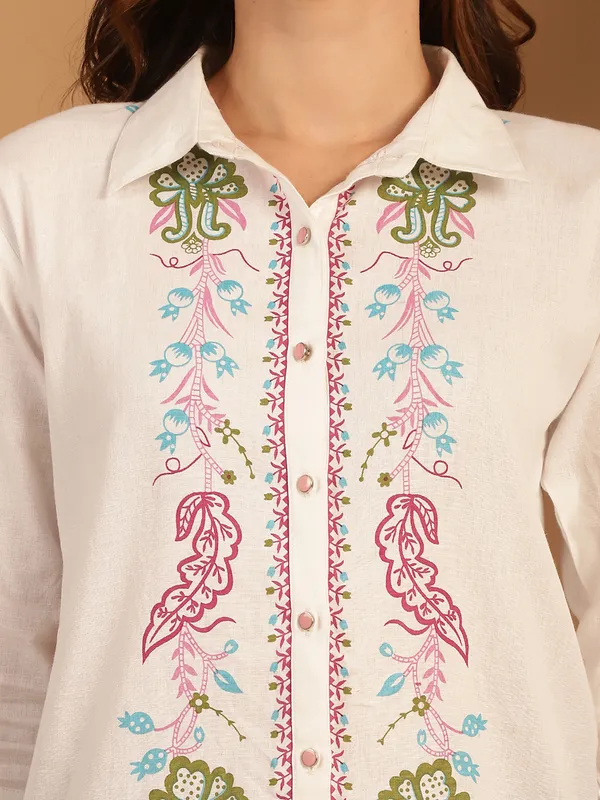 White_Premium_Cotton_Three_Fourth_Sleeves_Shirt_For_Women