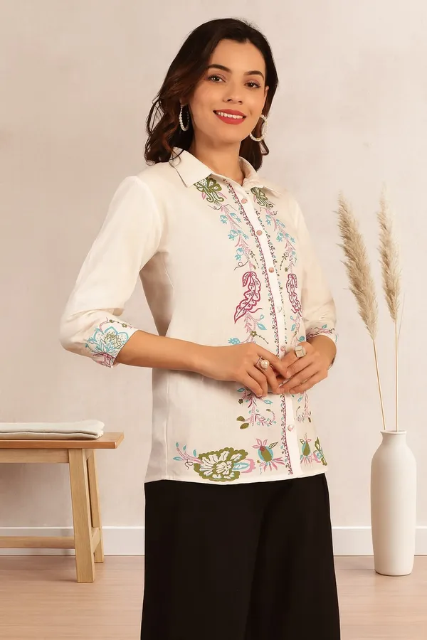 White_Premium_Cotton_Three_Fourth_Sleeves_Shirt_For_Women