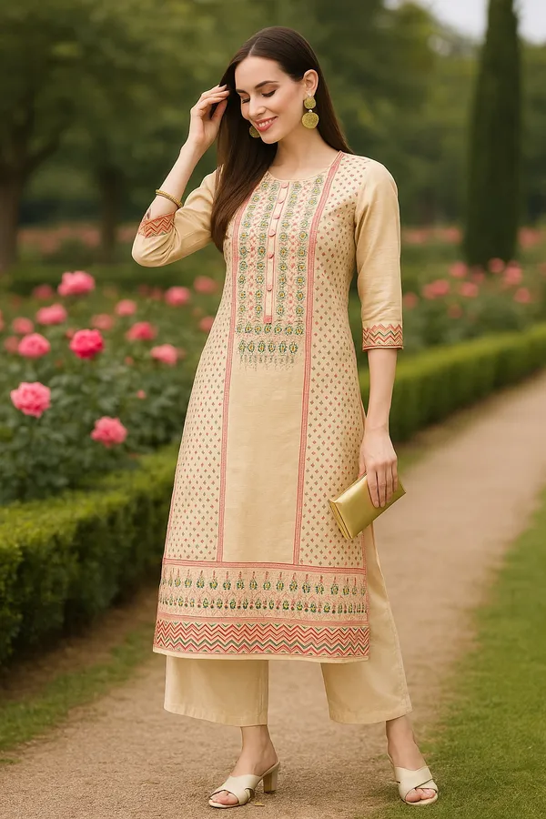 Cream_Premium_Chanderi_Three_Fourth_Sleeves_Kurta_Set_For_Women