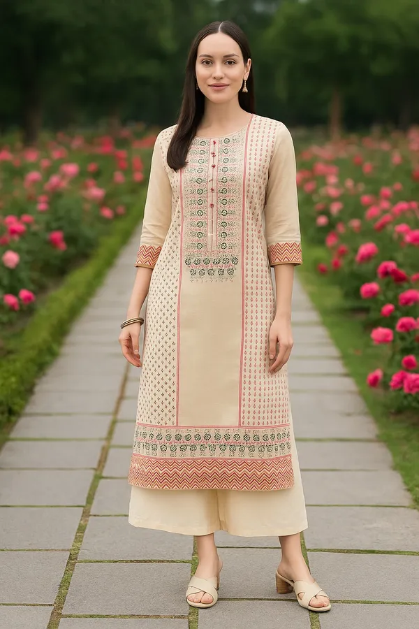 Cream_Premium_Chanderi_Three_Fourth_Sleeves_Kurta_Set_For_Women