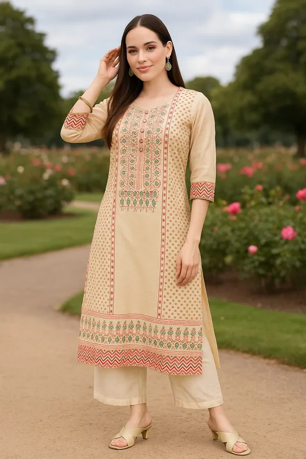 Cream_Premium_Chanderi_Three_Fourth_Sleeves_Kurta_Set_For_Women