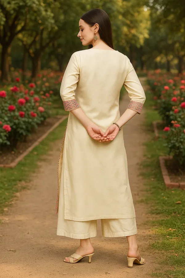 Cream_Premium_Chanderi_Three_Fourth_Sleeves_Kurta_Set_For_Women