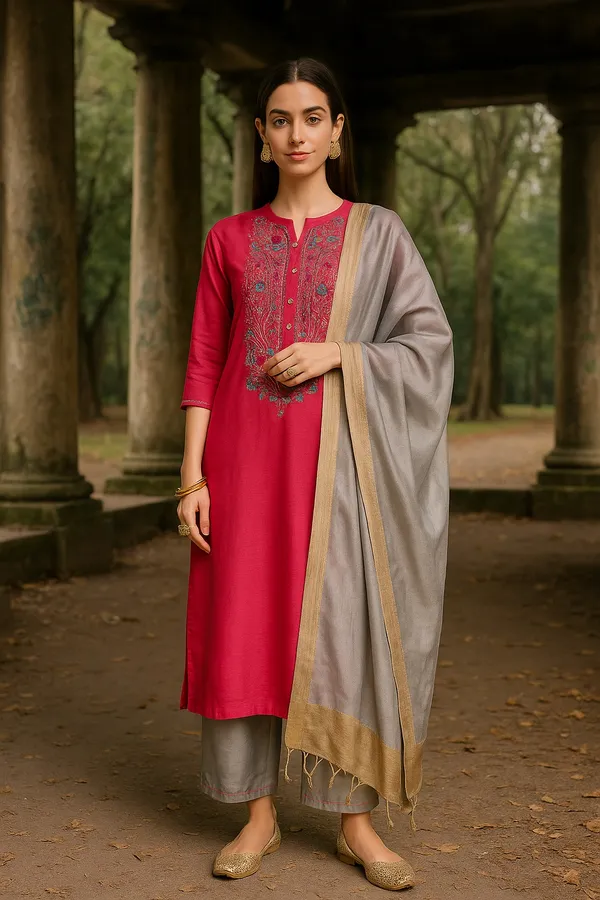 Pink_Premium_Art_Silk_Three_Fourth_Sleeves_Kurta_Set_For_Women