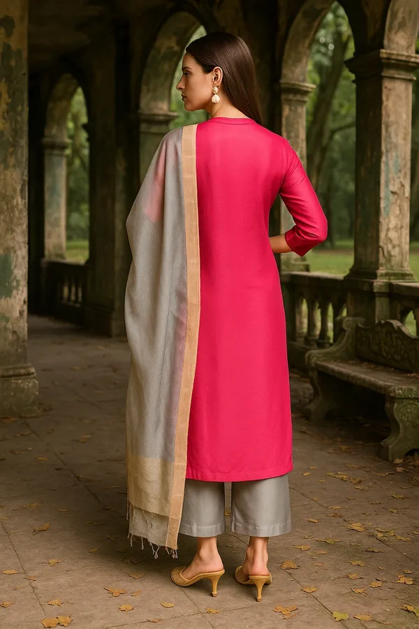 Pink_Premium_Art_Silk_Three_Fourth_Sleeves_Kurta_Set_For_Women
