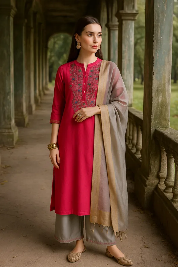 Pink_Premium_Art_Silk_Three_Fourth_Sleeves_Kurta_Set_For_Women