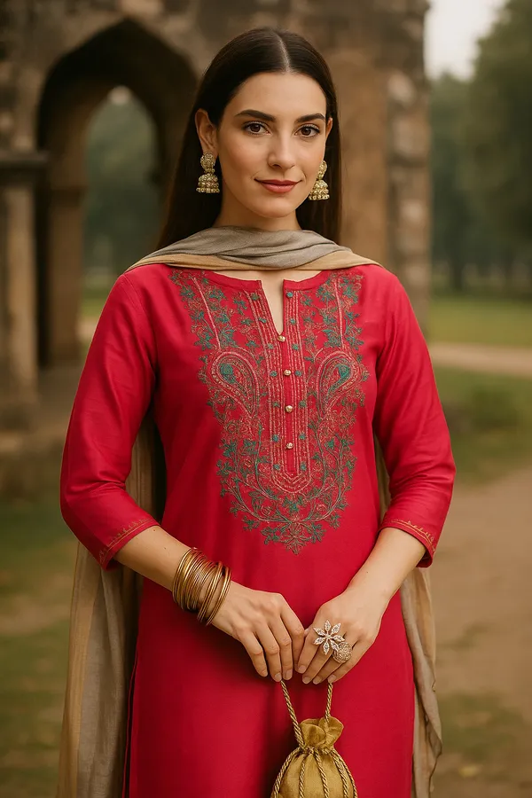Pink_Premium_Art_Silk_Three_Fourth_Sleeves_Kurta_Set_For_Women
