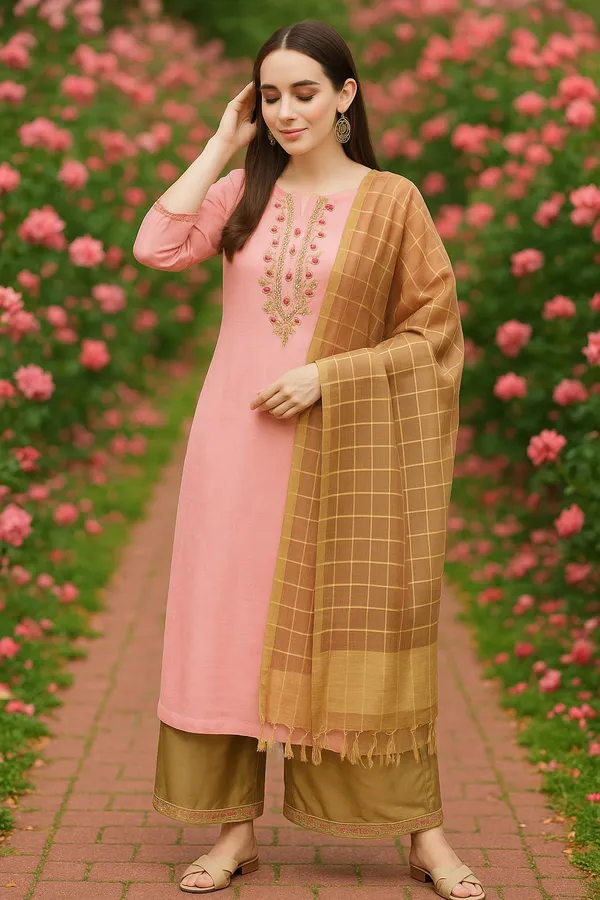 Pink_Premium_Chanderi_Three_Fourth_Sleeves_Kurta_Set_For_Women