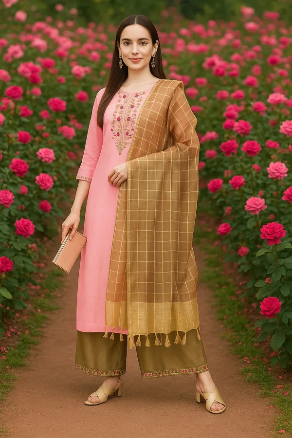 Pink_Premium_Chanderi_Three_Fourth_Sleeves_Kurta_Set_For_Women