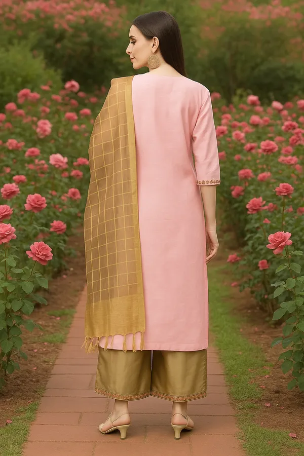 Pink_Premium_Chanderi_Three_Fourth_Sleeves_Kurta_Set_For_Women