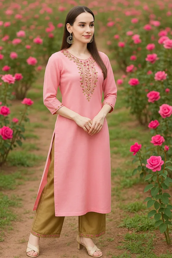 Pink_Premium_Chanderi_Three_Fourth_Sleeves_Kurta_Set_For_Women