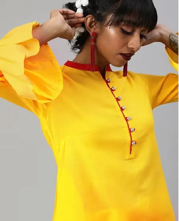 Mustard_Premium_Cotton_Three_Fourth_Sleeves_Kurta_Set_For_Women