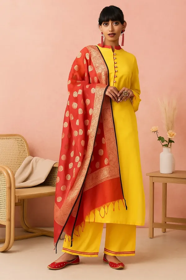 Mustard_Premium_Cotton_Three_Fourth_Sleeves_Kurta_Set_For_Women