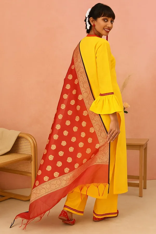 Mustard_Premium_Cotton_Three_Fourth_Sleeves_Kurta_Set_For_Women