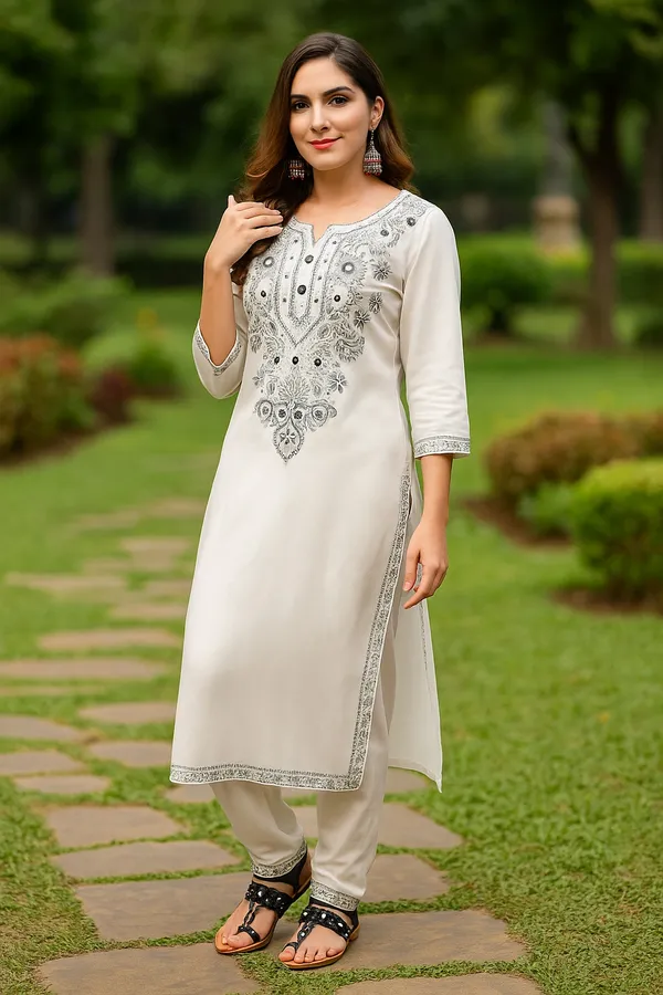 White_Premium_Viscose_Rayon_Three_Fourth_Sleeves_Kurta_Set_For_Women