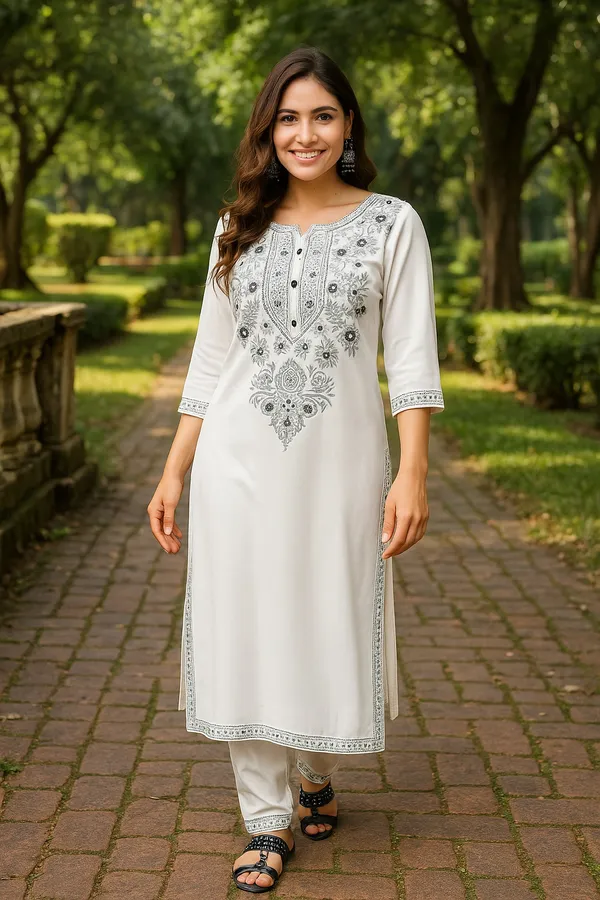 White_Premium_Viscose_Rayon_Three_Fourth_Sleeves_Kurta_Set_For_Women