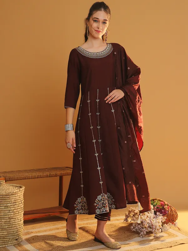 Maroon_Chanderi_Cotton_Anarkali_Kurta_Set