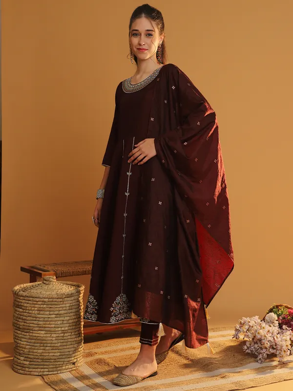 Maroon_Chanderi_Cotton_Anarkali_Kurta_Set