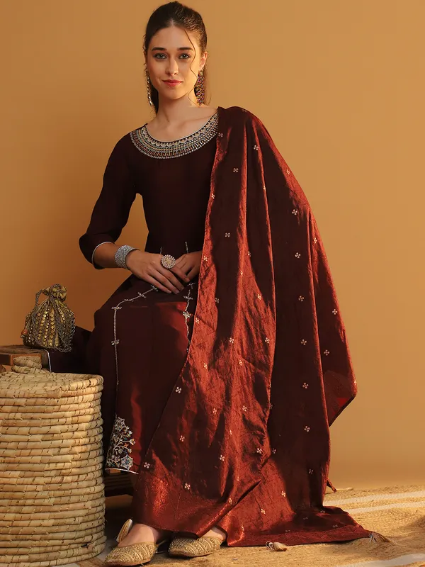 Maroon_Chanderi_Cotton_Anarkali_Kurta_Set