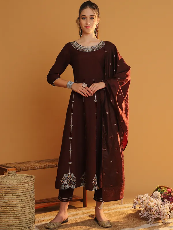 Maroon_Chanderi_Cotton_Anarkali_Kurta_Set