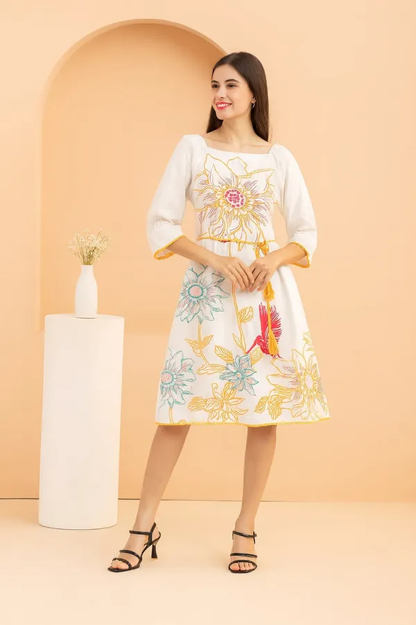 White_Premium_Schiffli_Three_Fourth_Sleeves_Dress_For_Women