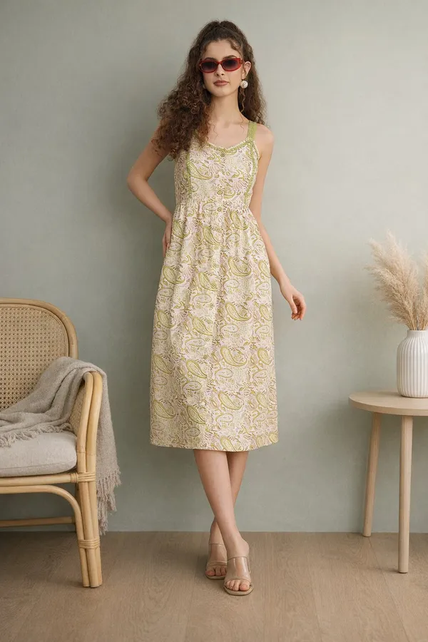 Lime_Paisley_Strap_Midi_Dress