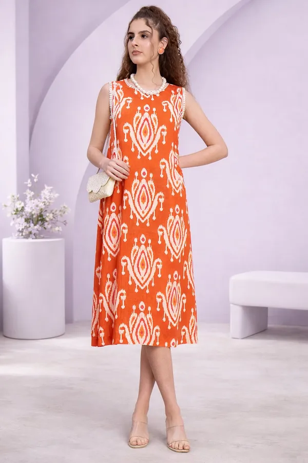 Rust_Ikat_Sleeveless_Midi_Dress