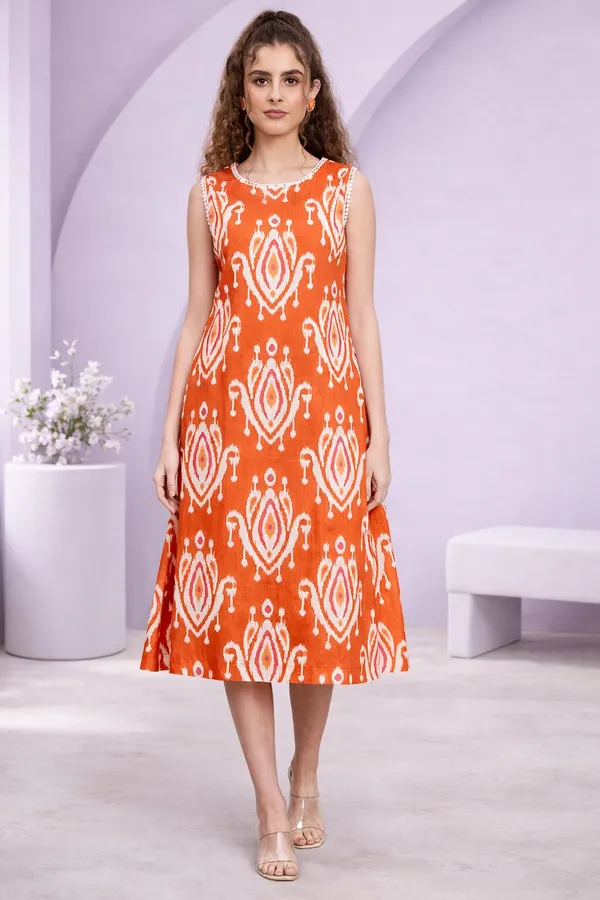Rust_Ikat_Sleeveless_Midi_Dress