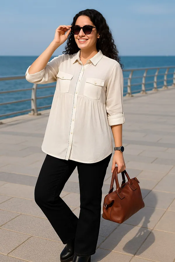 Off_White_Premium_Viscose_Rayon_Three_Fourth_Sleeves_Shirt_For_Women