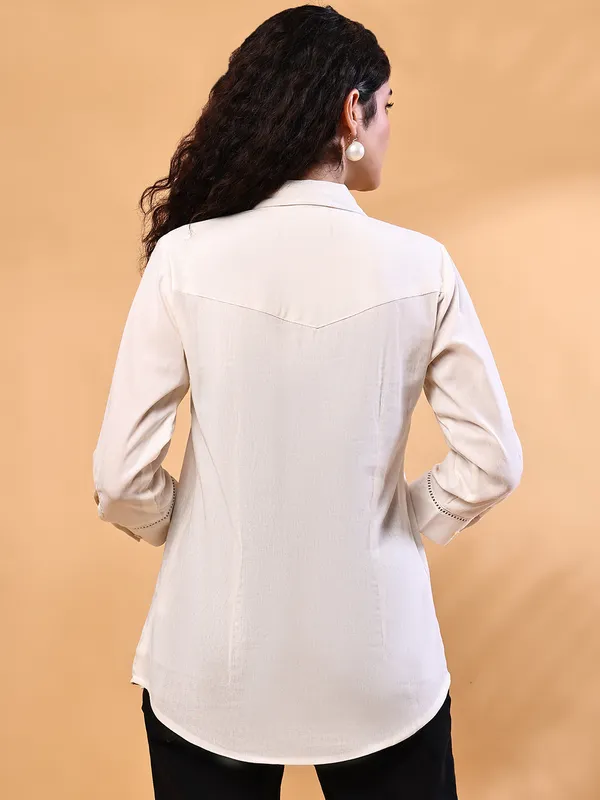 Off_White_Premium_Viscose_Rayon_Three_Fourth_Sleeves_Shirt_For_Women
