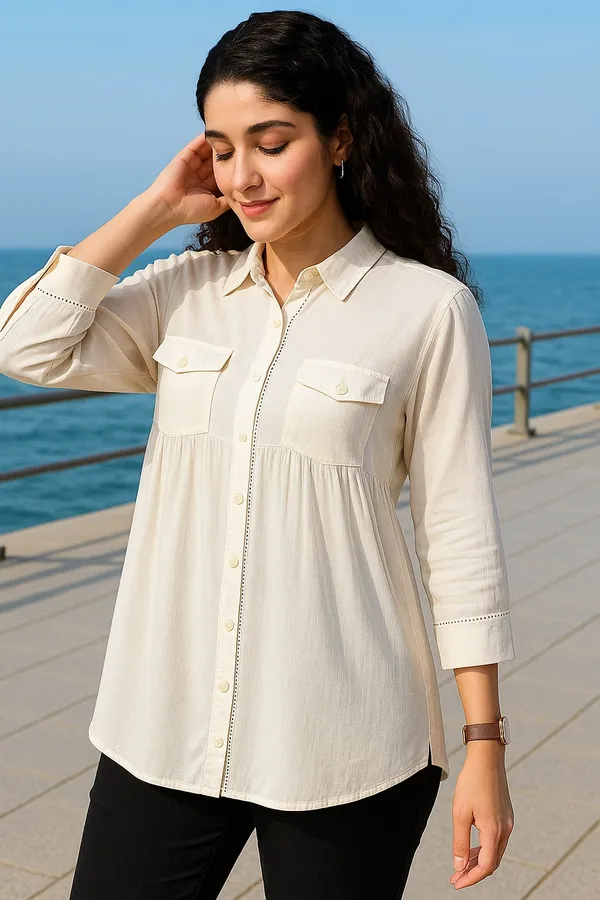 Off_White_Premium_Viscose_Rayon_Three_Fourth_Sleeves_Shirt_For_Women