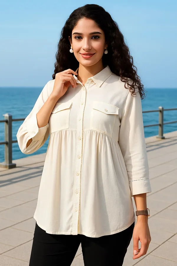 Off_White_Premium_Viscose_Rayon_Three_Fourth_Sleeves_Shirt_For_Women