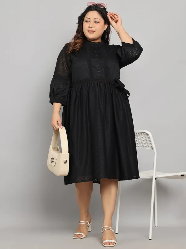 Black_Premium_Polyester_3/4Th_Sleeve_Dress_For_Women_|_Till_6XL