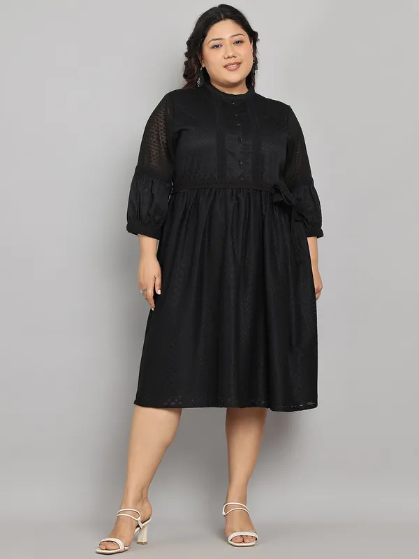 Black_Premium_Polyester_3/4Th_Sleeve_Dress_For_Women_|_Till_6XL