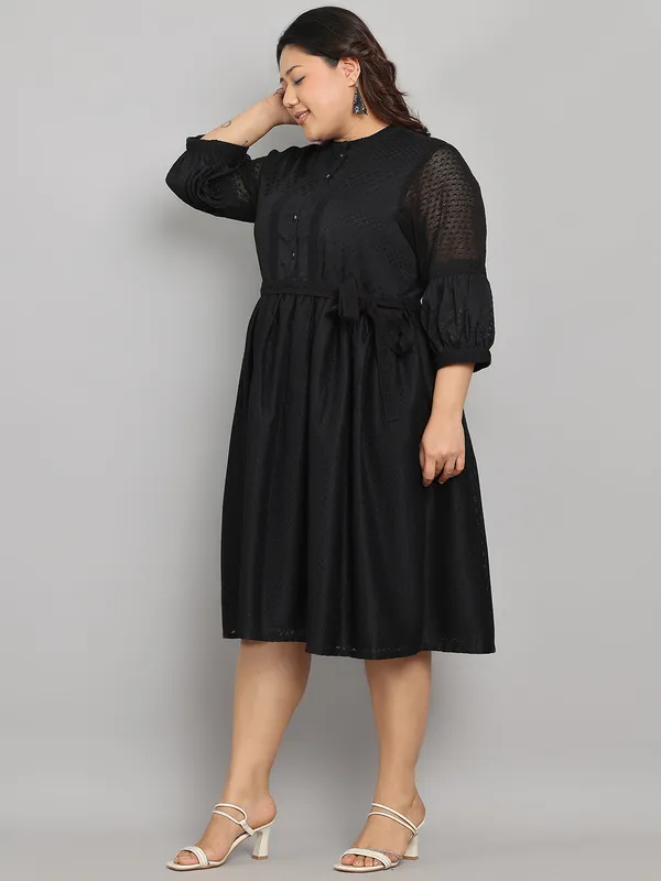 Black_Premium_Polyester_3/4Th_Sleeve_Dress_For_Women_|_Till_6XL