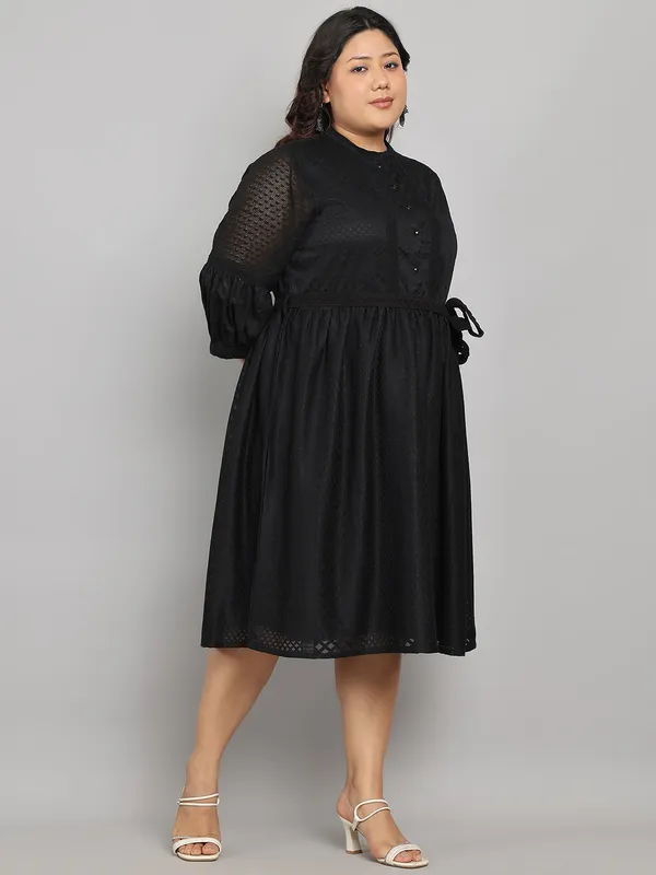 Black_Premium_Polyester_3/4Th_Sleeve_Dress_For_Women_|_Till_6XL