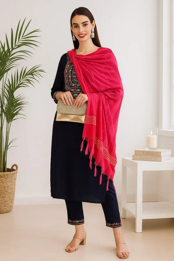 Navy_Blue_Premium_Viscose_Rayon_Three_Fourth_Sleeves_Kurta_Set_For_Women