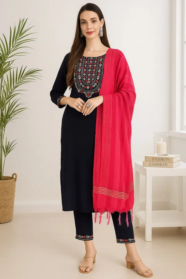 Navy_Blue_Premium_Viscose_Rayon_Three_Fourth_Sleeves_Kurta_Set_For_Women